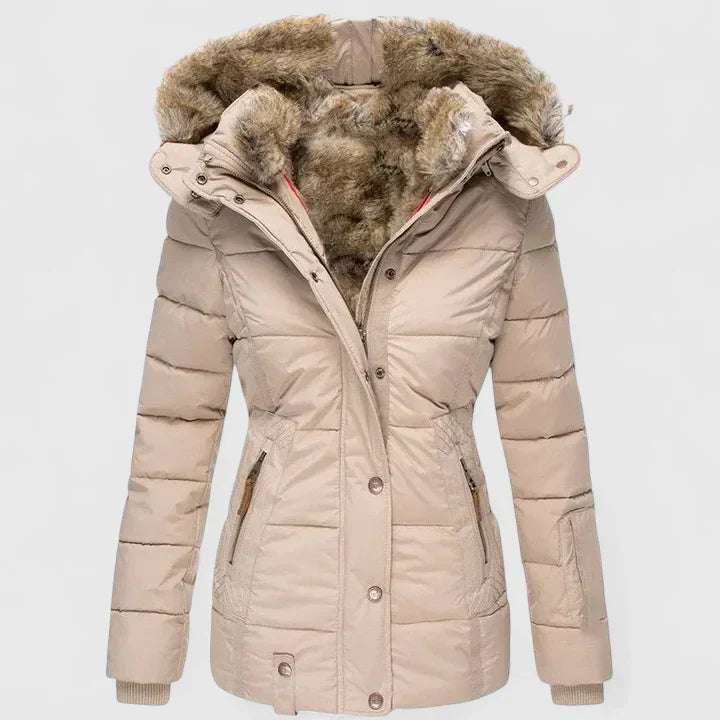 Women's Padded Quilted Coat with Faux Fur Hood and Zip Front