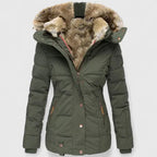 Women's Padded Quilted Coat with Faux Fur Hood and Zip Front