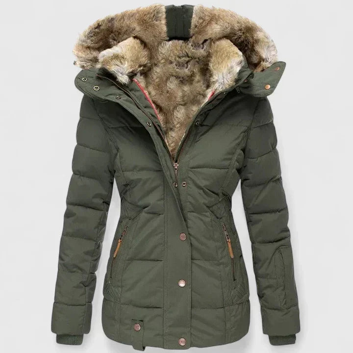 Women's Padded Quilted Coat with Faux Fur Hood and Zip Front