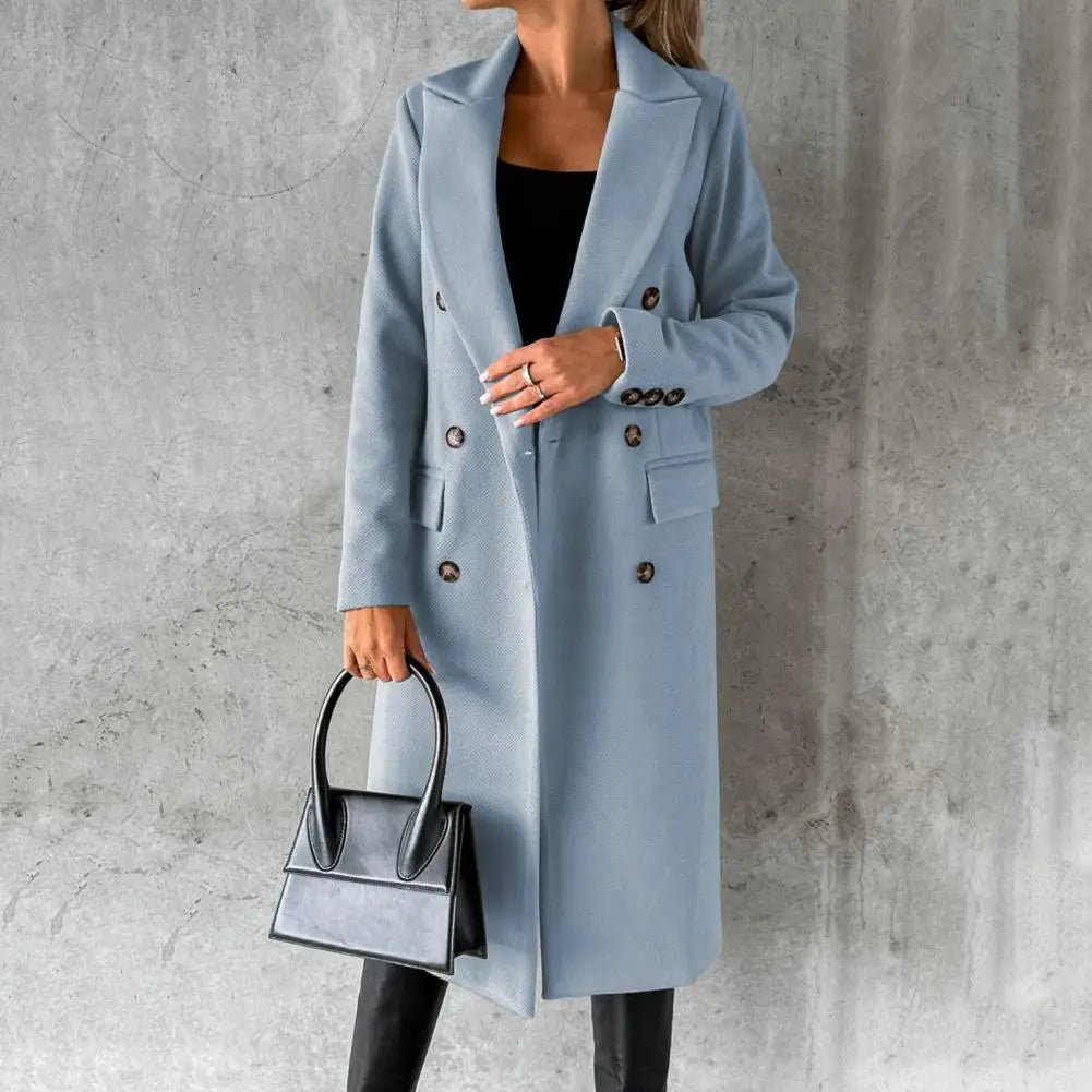 Women's Double Breasted Longline Coat with Lapel Collar