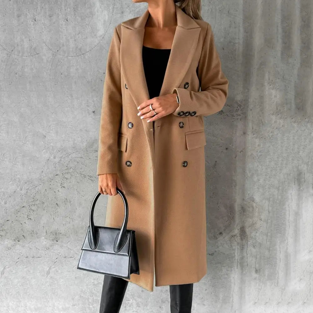Women's Double Breasted Longline Coat with Lapel Collar