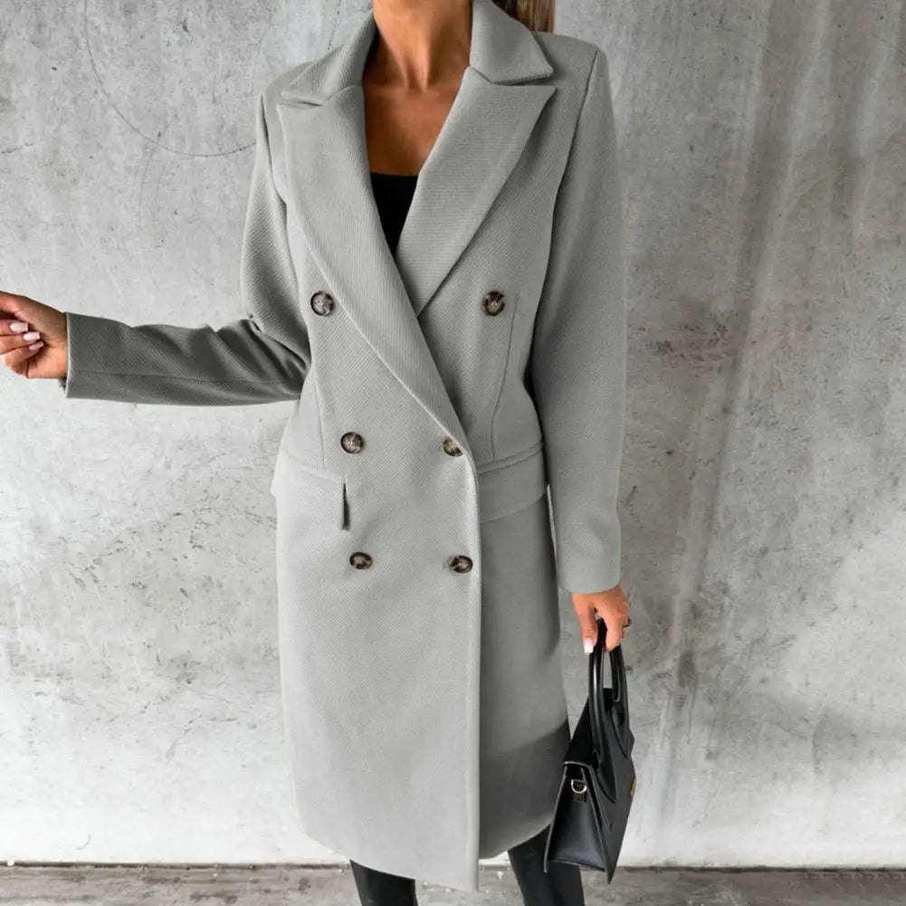 Women's Double Breasted Longline Coat with Lapel Collar