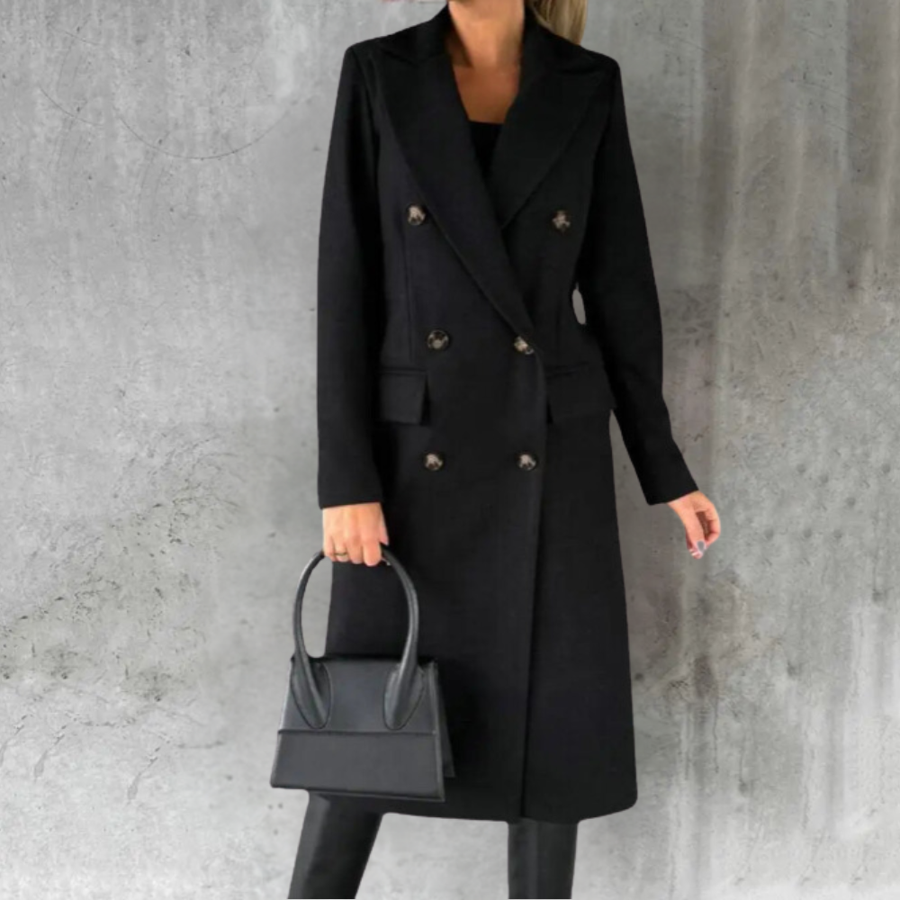Women's Double Breasted Longline Coat with Lapel Collar