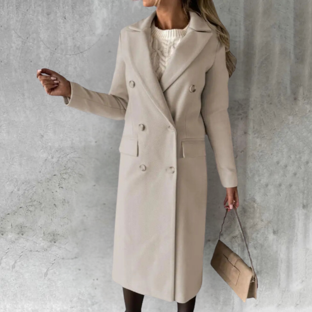 Women's Double Breasted Longline Coat with Lapel Collar