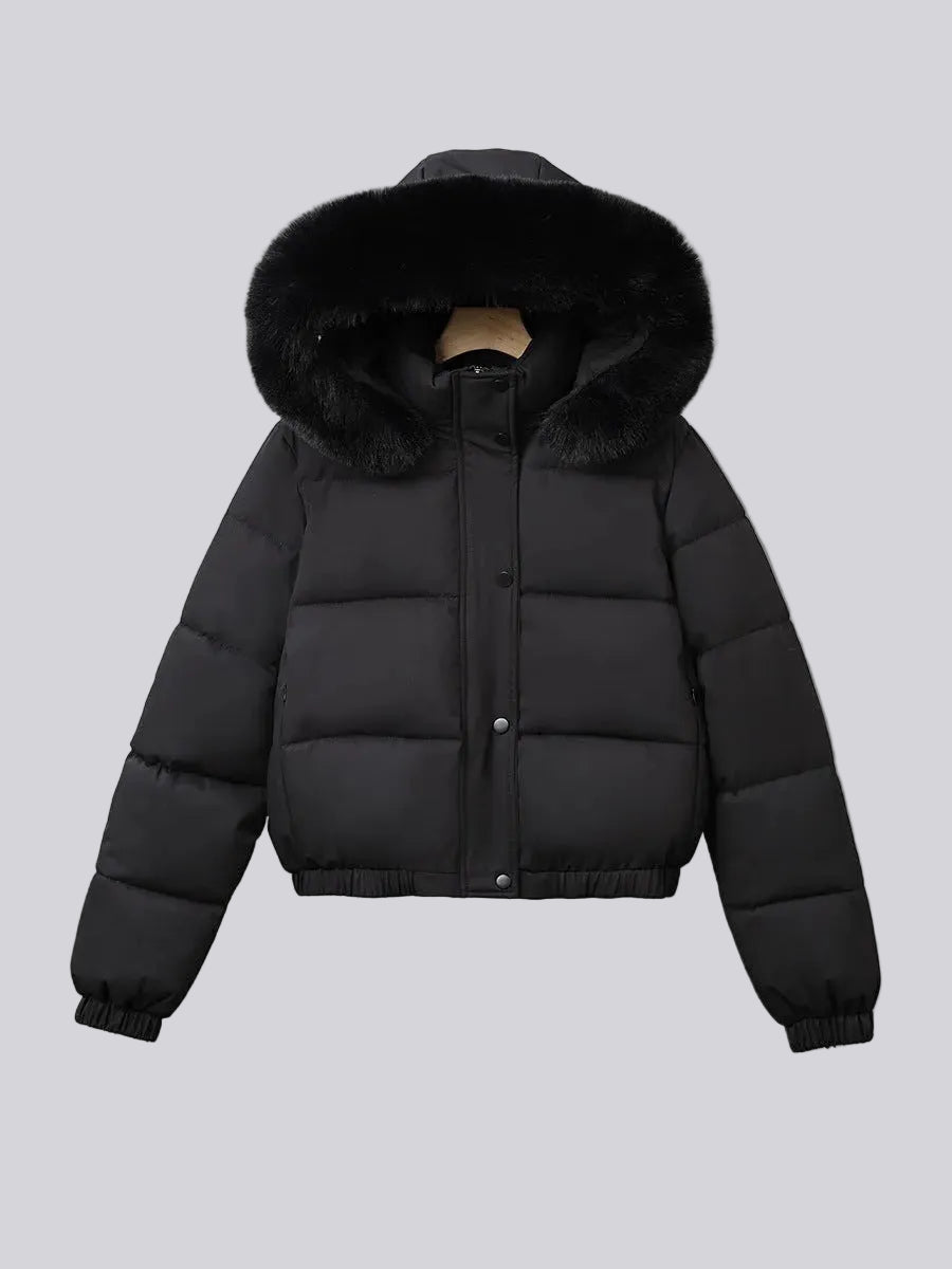 Women's Cropped Padded Puffer Jacket with Faux Fur Hood