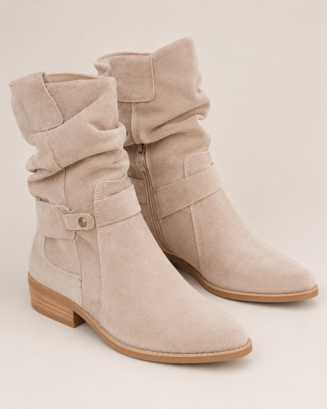 Women's Slouch Ruched Mid Calf Block Heel Almond Toe Boots
