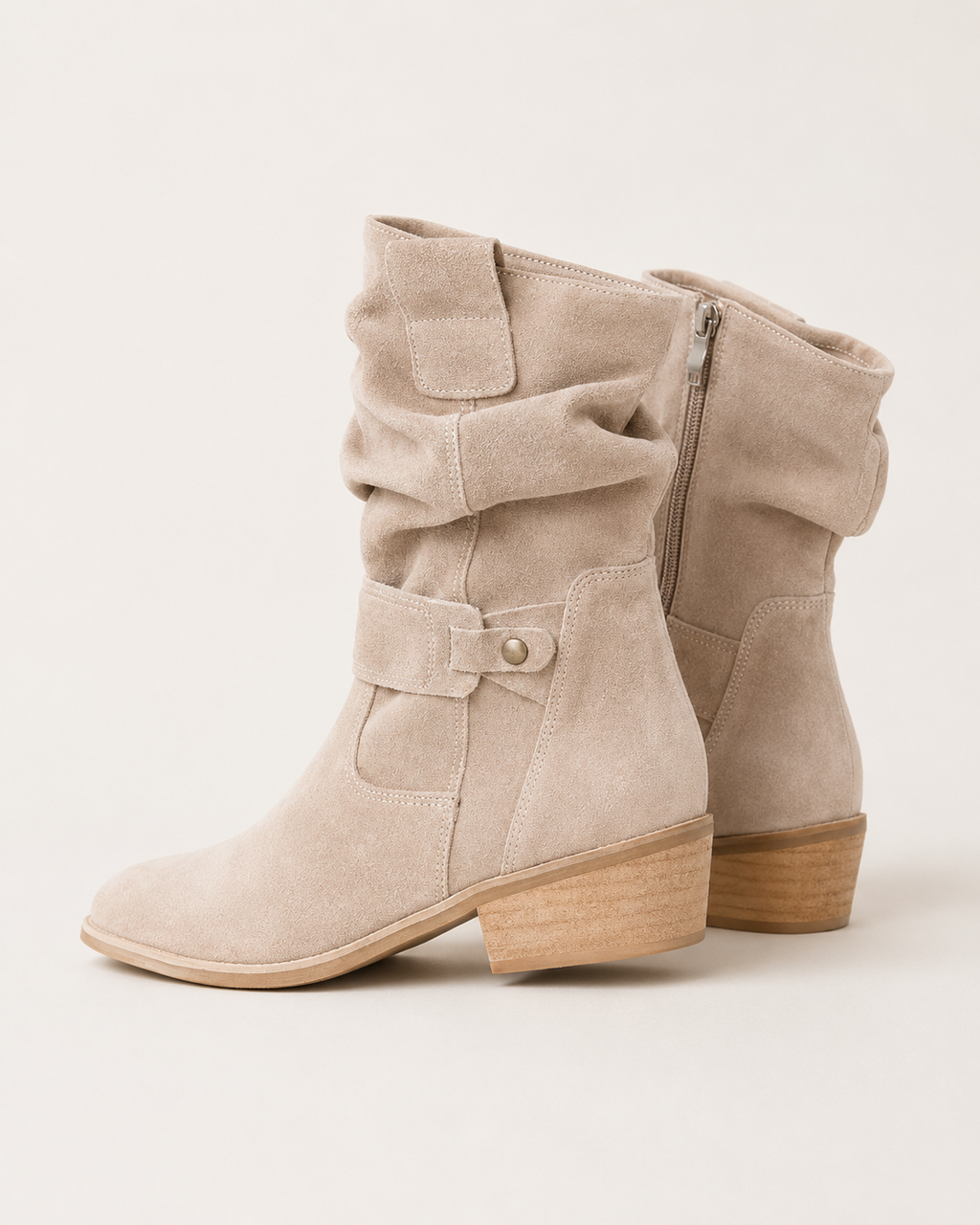 Women's Slouch Ruched Mid Calf Block Heel Almond Toe Boots