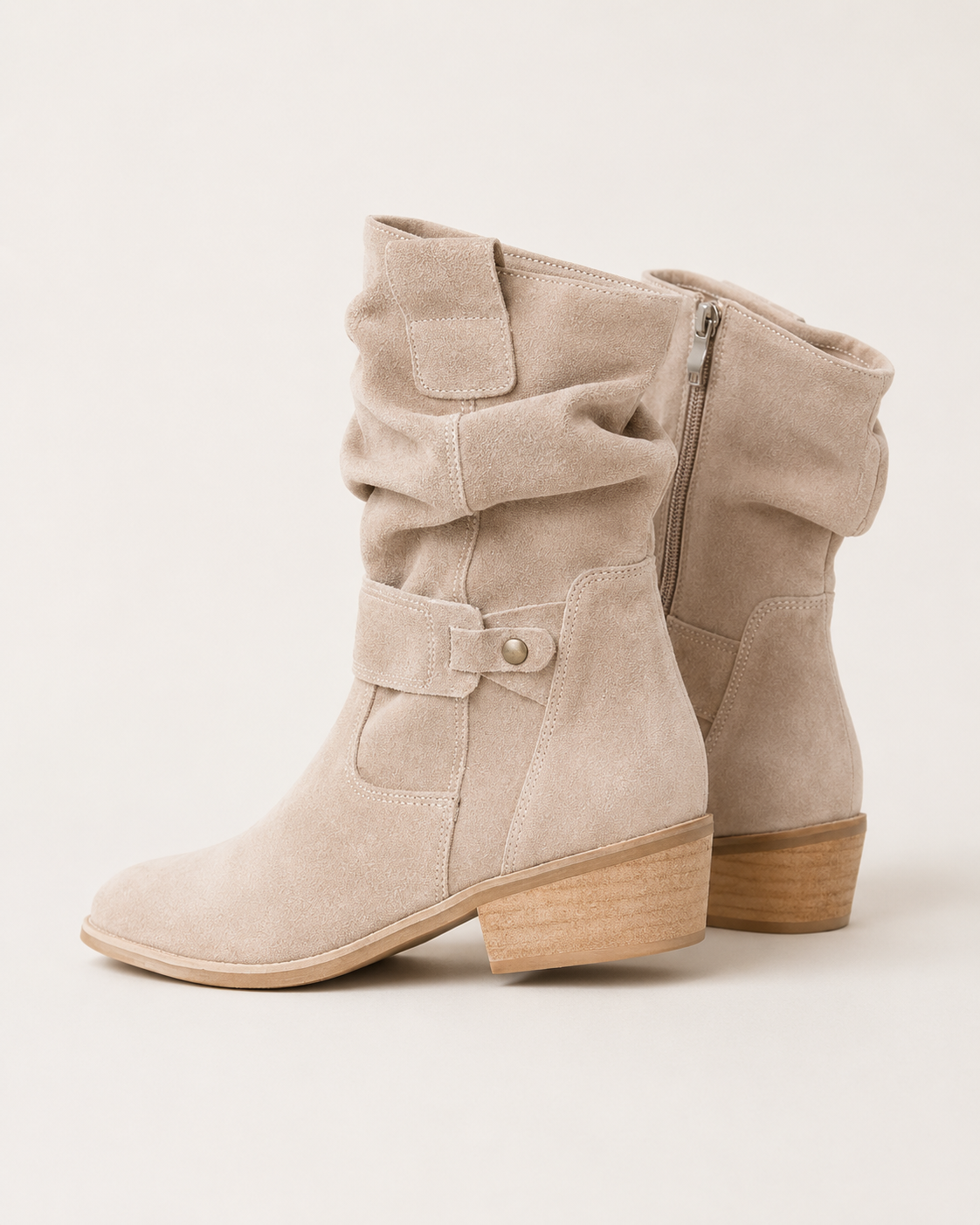 Women's Slouch Ruched Mid Calf Block Heel Almond Toe Boots