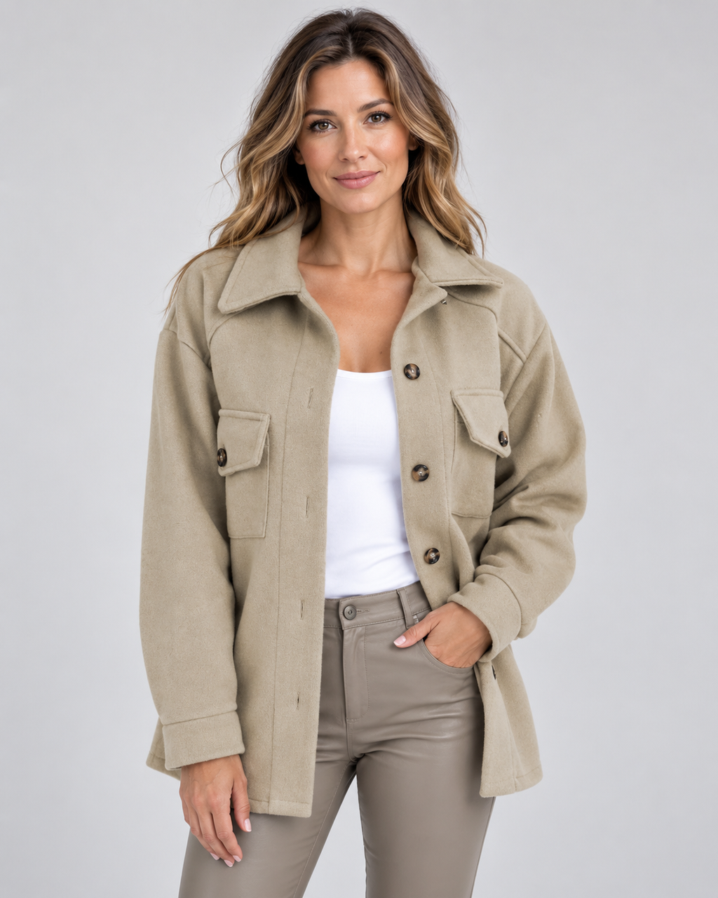 Women's Oversized Jacket with Button Front and Chest Pockets