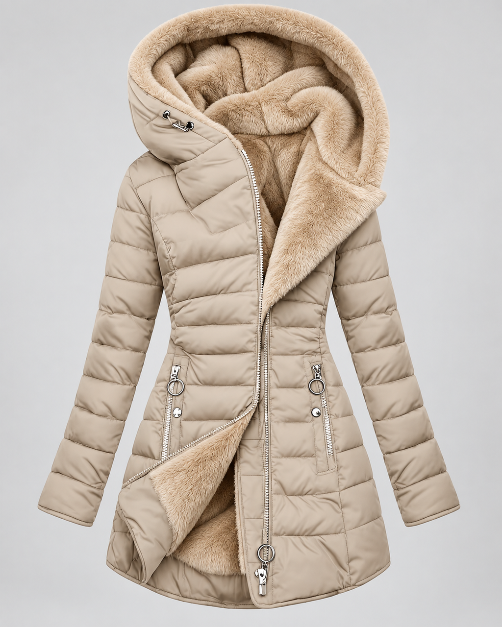 Women's Hooded Puffer Jacket with Fleece Lining and Zip Front