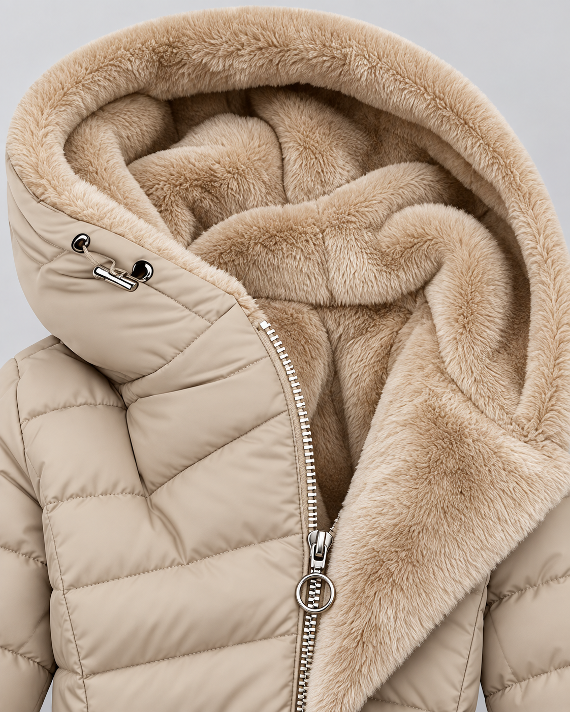 Women's Hooded Puffer Jacket with Fleece Lining and Zip Front