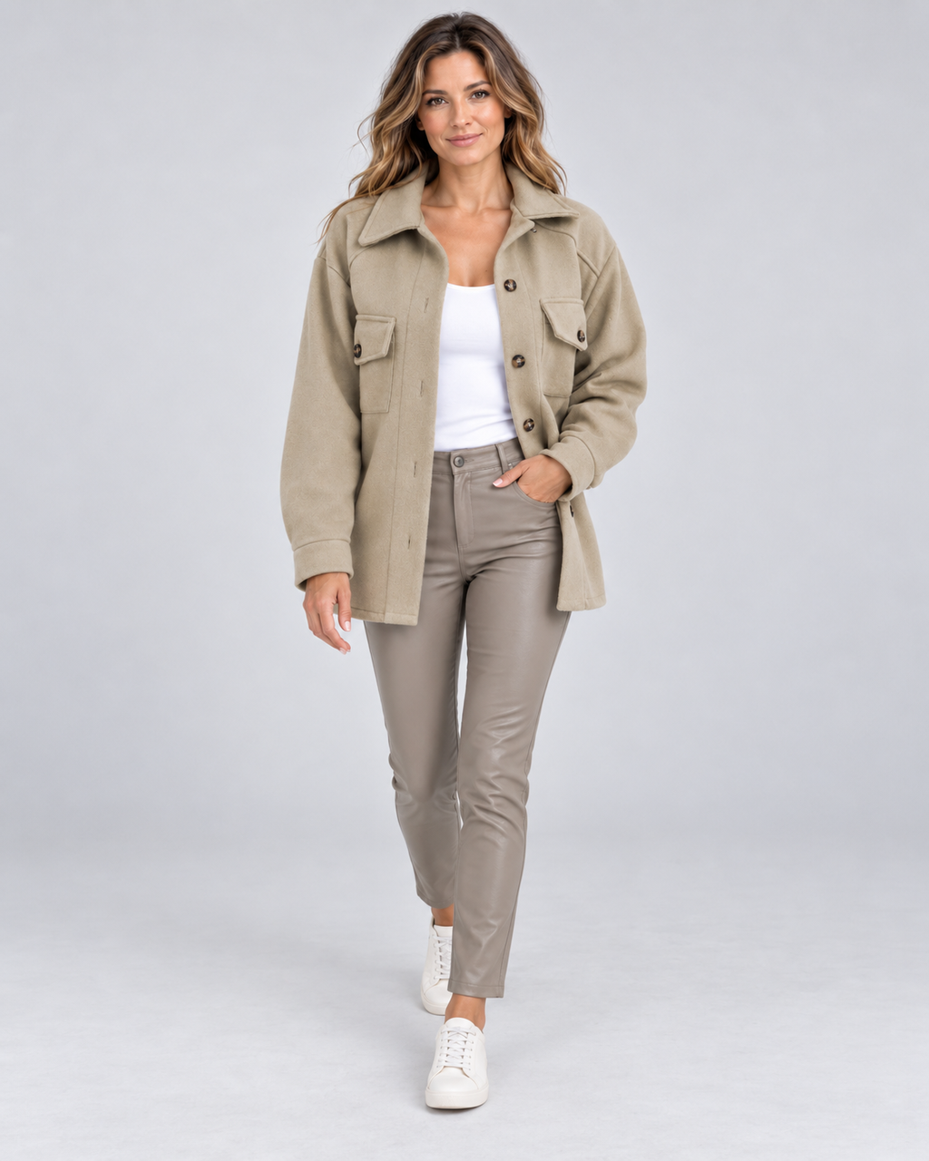 Women's Oversized Jacket with Button Front and Chest Pockets