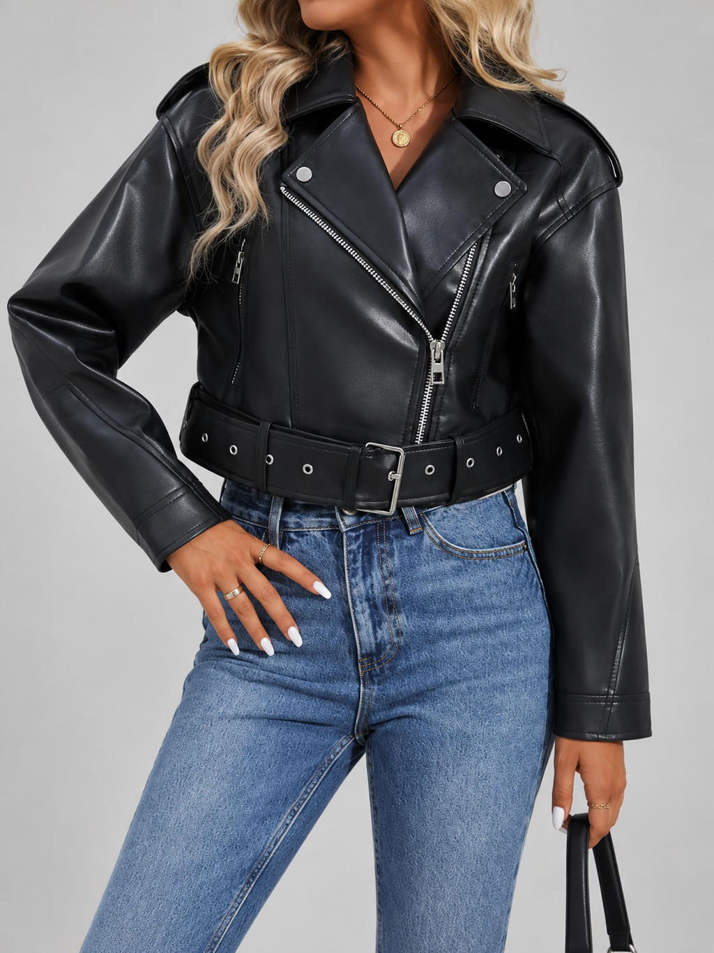 Women's Cropped Faux Leather Biker Jacket with Belted Waist