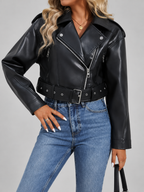 Women's Cropped Faux Leather Biker Jacket with Belted Waist