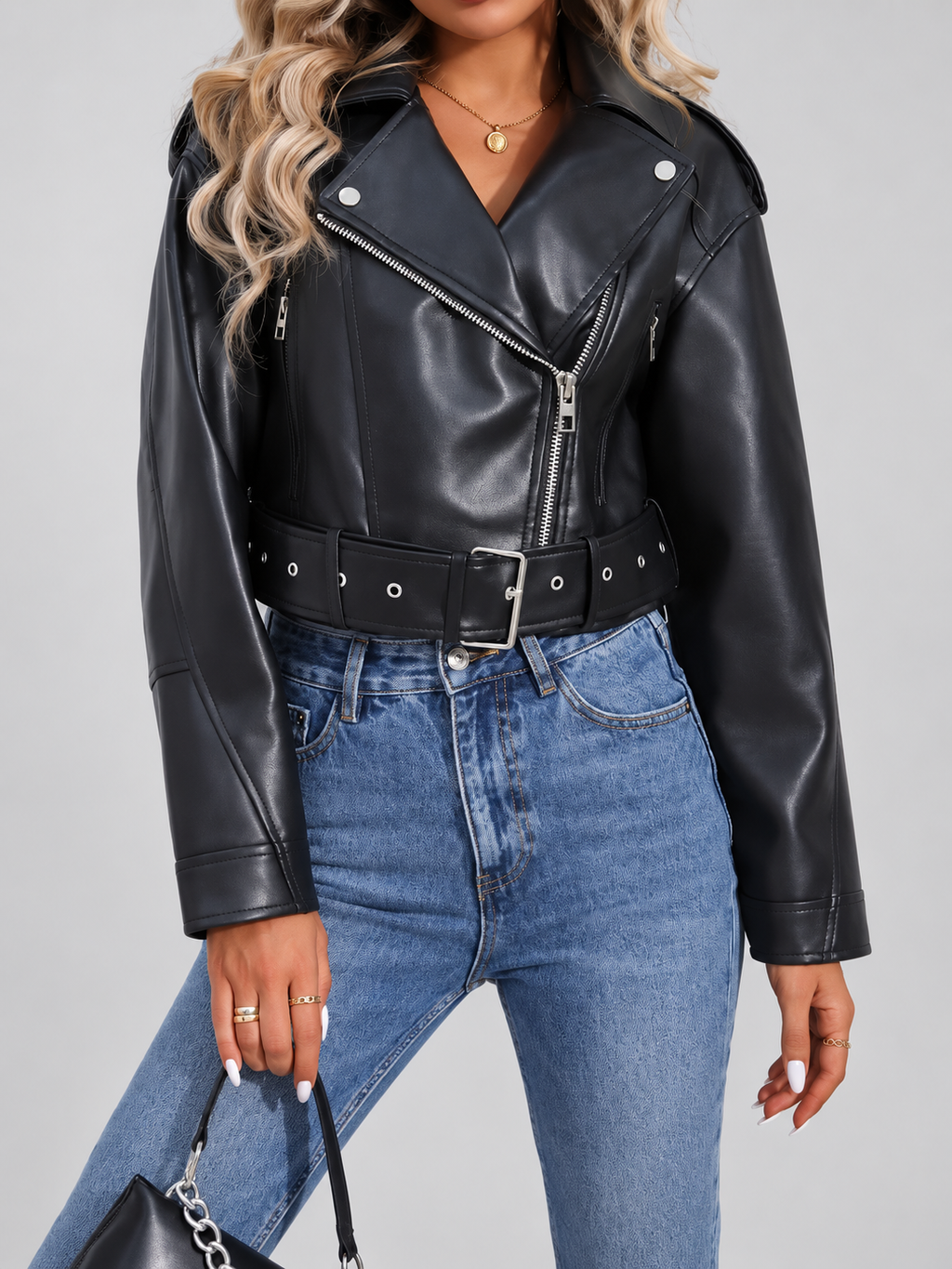 Women's Cropped Faux Leather Biker Jacket with Belted Waist