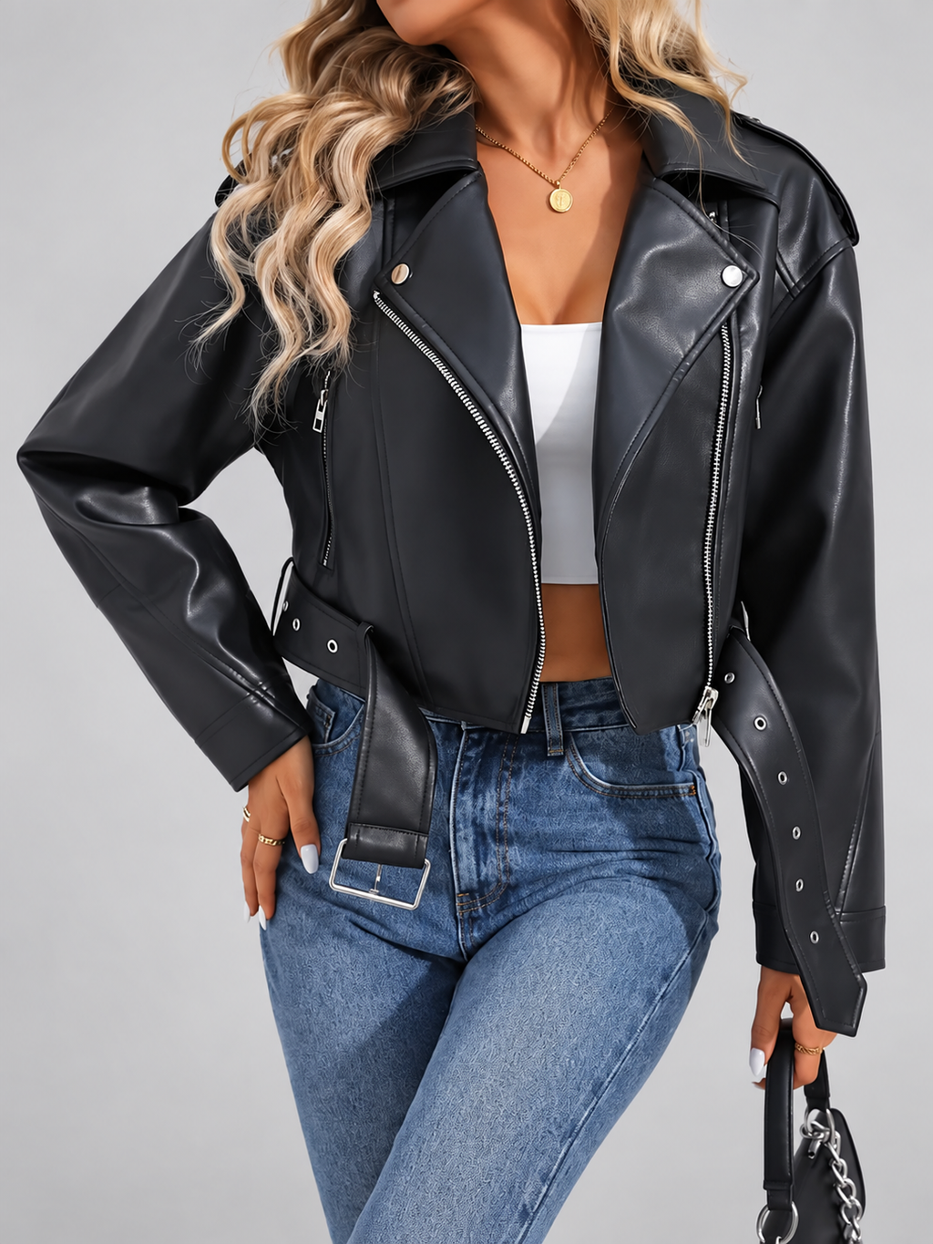 Women's Cropped Faux Leather Biker Jacket with Belted Waist