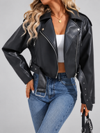 Women's Cropped Faux Leather Biker Jacket with Belted Waist