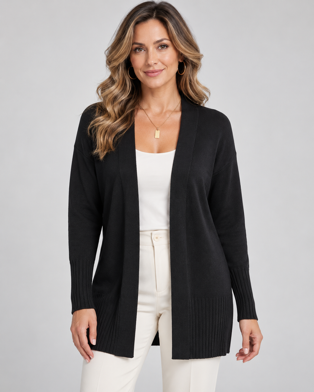 Women's Longline Knit Cardigan with Open Front and Ribbed Trim