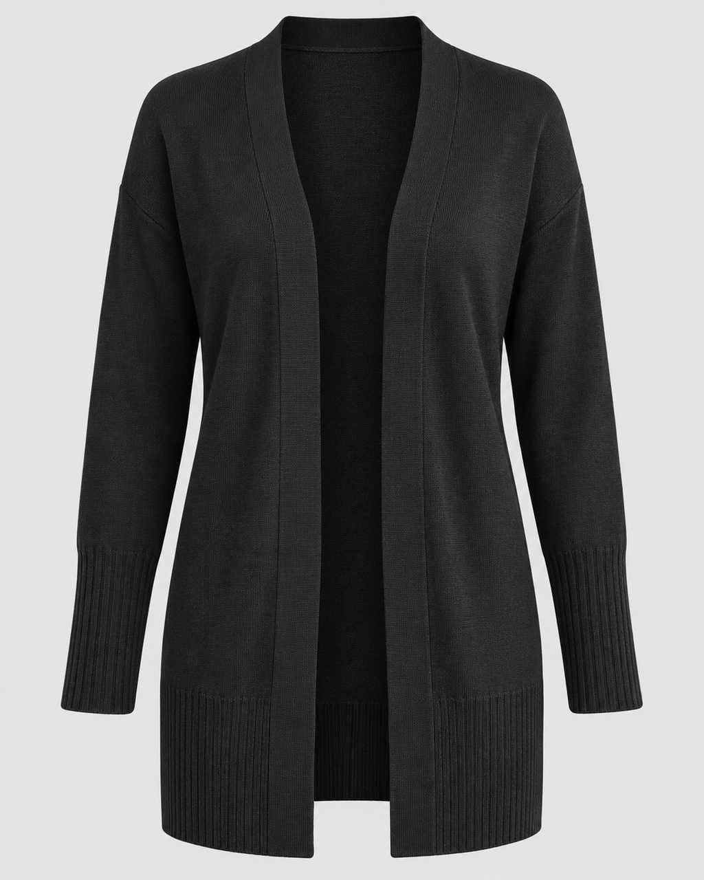 Women's Longline Knit Cardigan with Open Front and Ribbed Trim