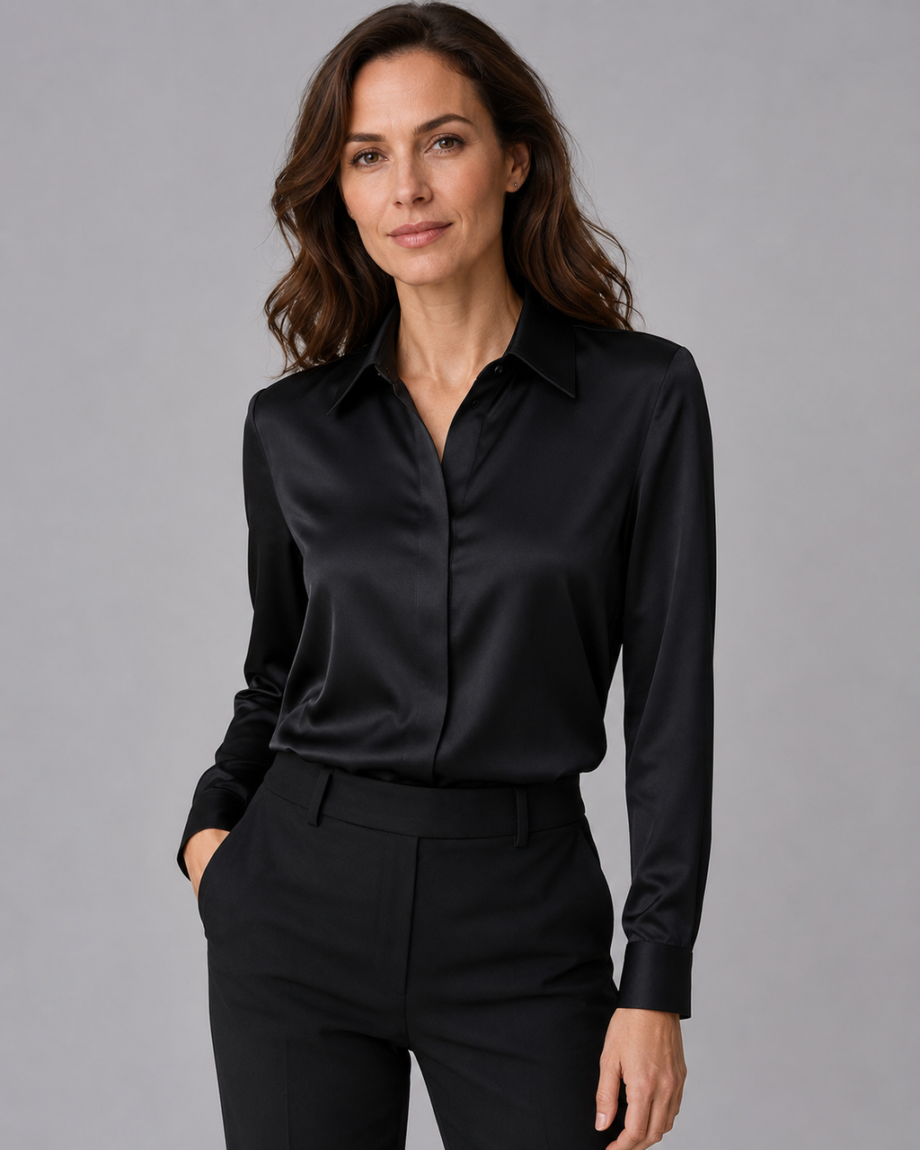 Women's Satin Collared Long Sleeve Button Up Blouse