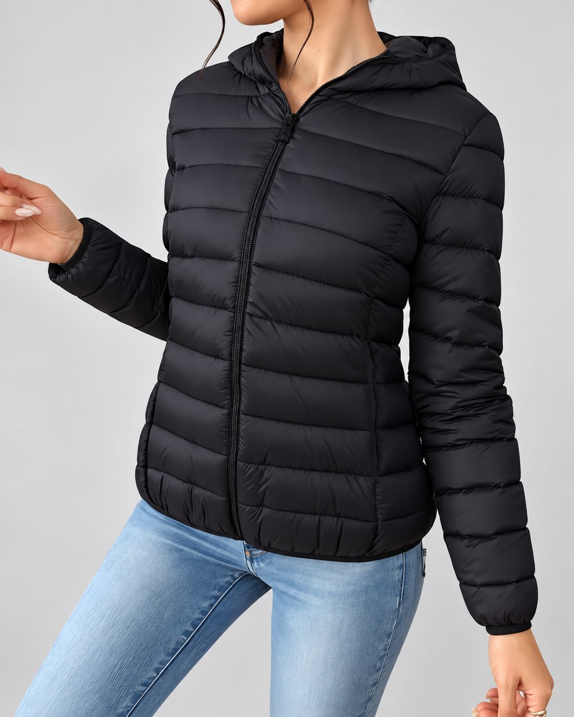 Women's Slim Hooded Puffer Jacket with Zip Front
