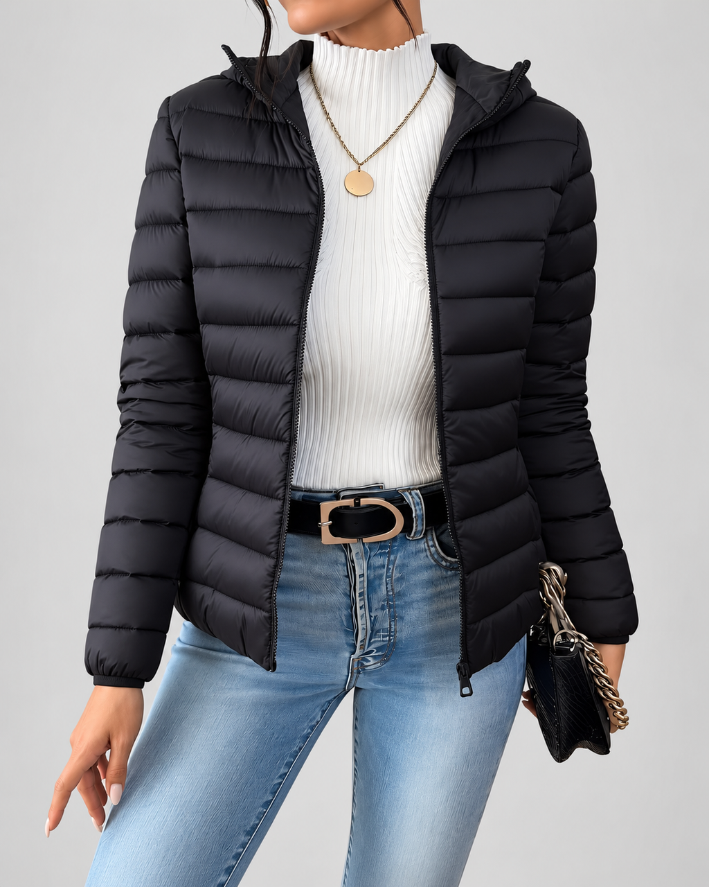 Women's Slim Hooded Puffer Jacket with Zip Front
