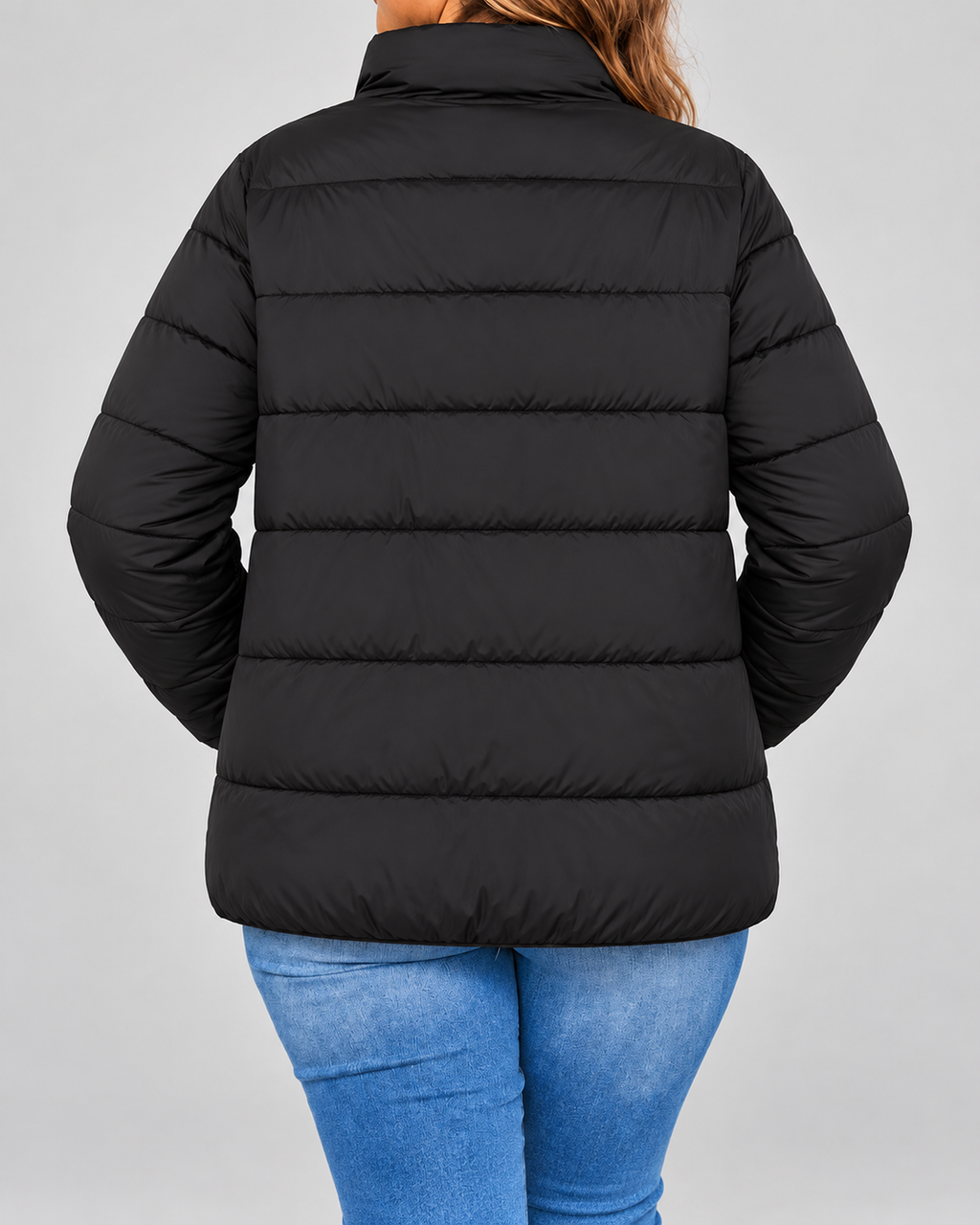 Women's Puffer Jacket with Zip Pockets and Stand Collar