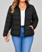 Women's Puffer Jacket with Zip Pockets and Stand Collar