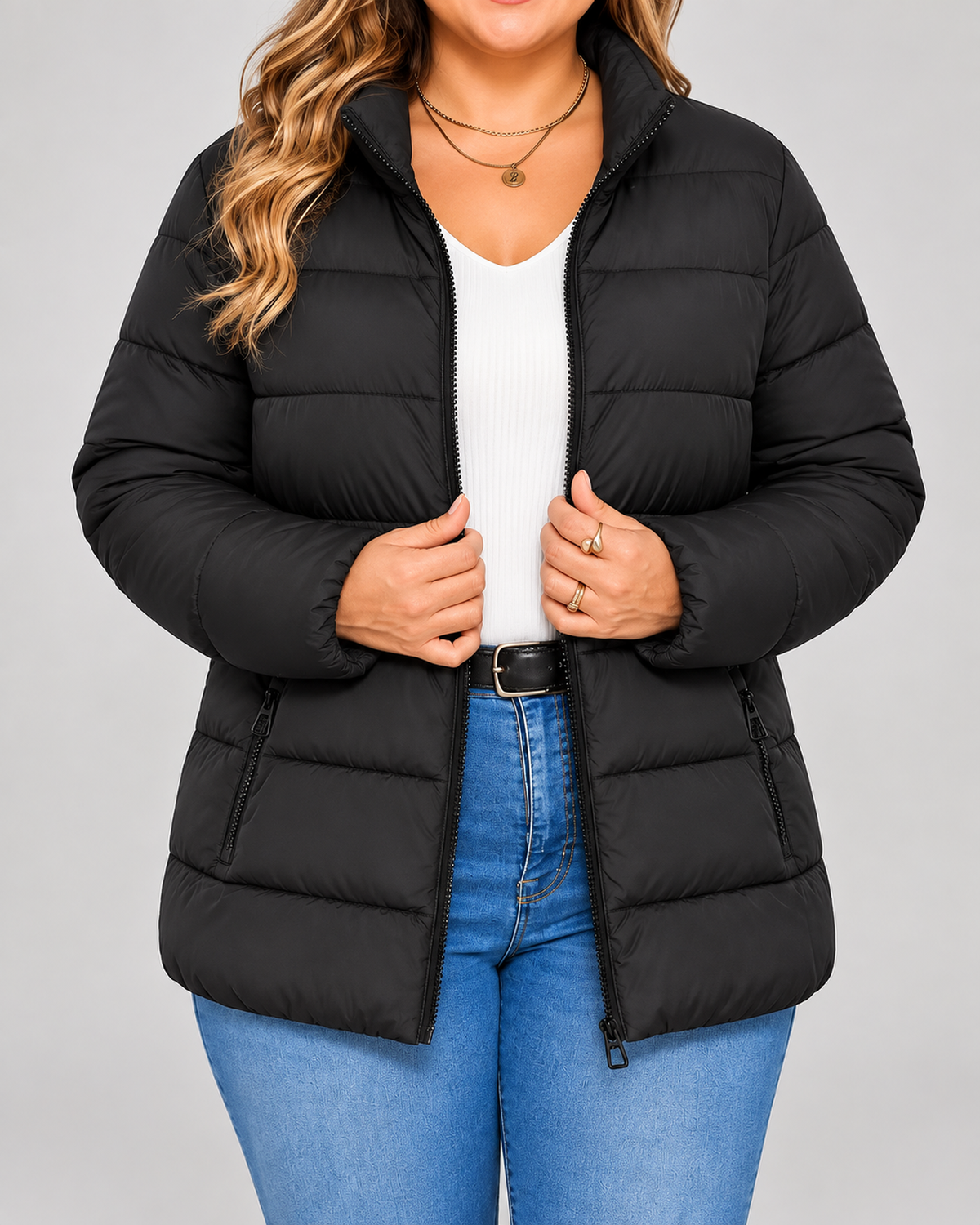 Women's Puffer Jacket with Zip Pockets and Stand Collar