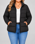 Women's Puffer Jacket with Zip Pockets and Stand Collar