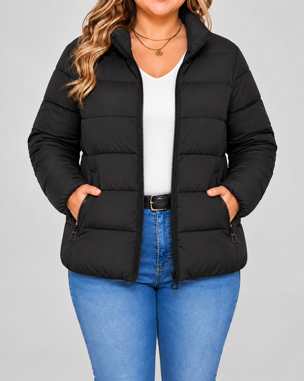 Women's Puffer Jacket with Zip Pockets and Stand Collar