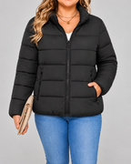 Women's Puffer Jacket with Zip Pockets and Stand Collar