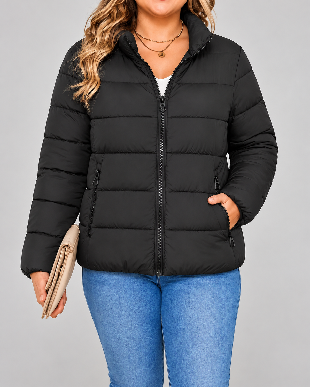 Women's Puffer Jacket with Zip Pockets and Stand Collar