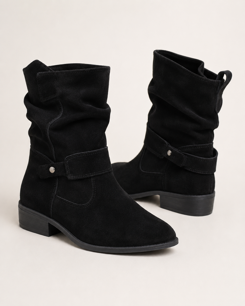 Women's Slouch Ruched Mid Calf Block Heel Almond Toe Boots