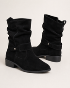 Women's Slouch Ruched Mid Calf Block Heel Almond Toe Boots