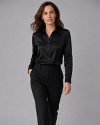 Women's Satin Collared Long Sleeve Button Up Blouse