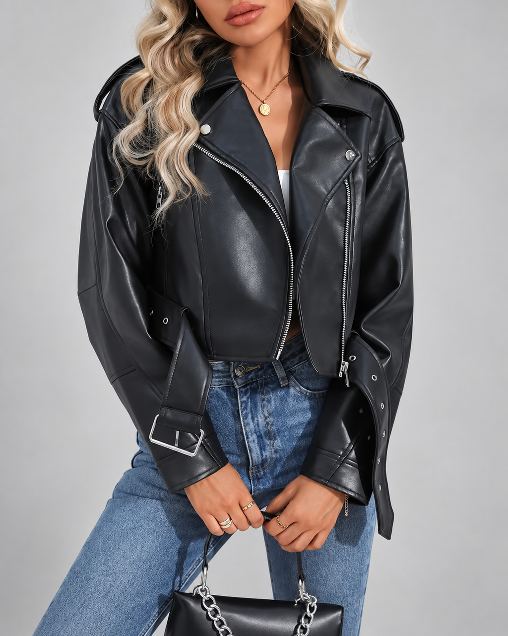 Women's Cropped Faux Leather Biker Jacket with Belted Waist