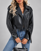 Women's Cropped Faux Leather Biker Jacket with Belted Waist
