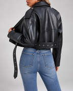 Women's Cropped Faux Leather Biker Jacket with Belted Waist