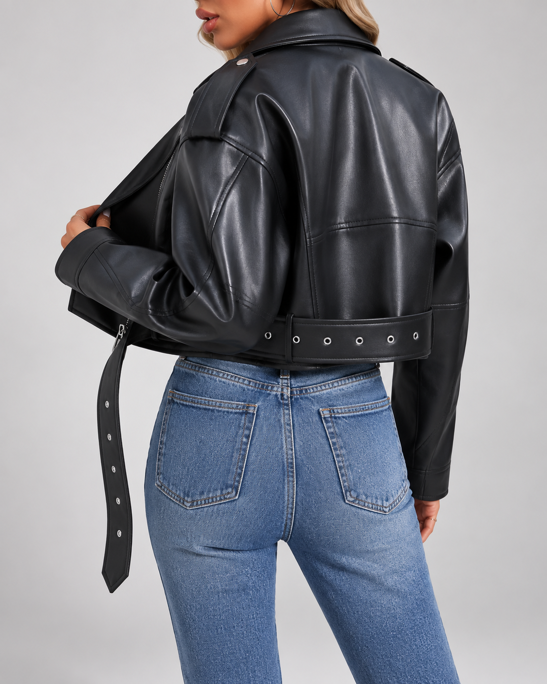 Women's Cropped Faux Leather Biker Jacket with Belted Waist