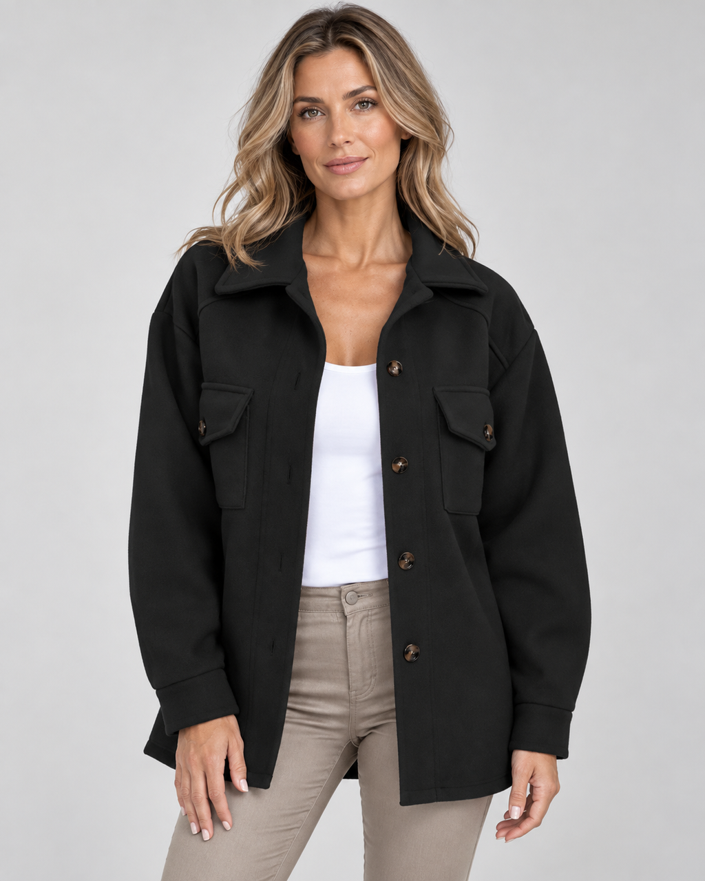 Women's Oversized Jacket with Button Front and Chest Pockets