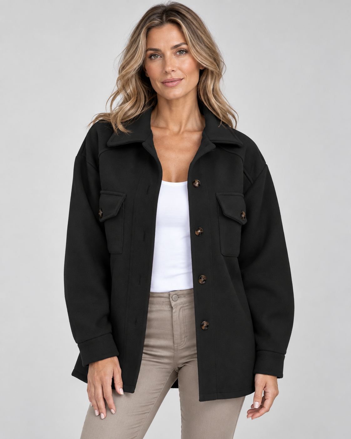 Women's Oversized Jacket with Button Front and Chest Pockets
