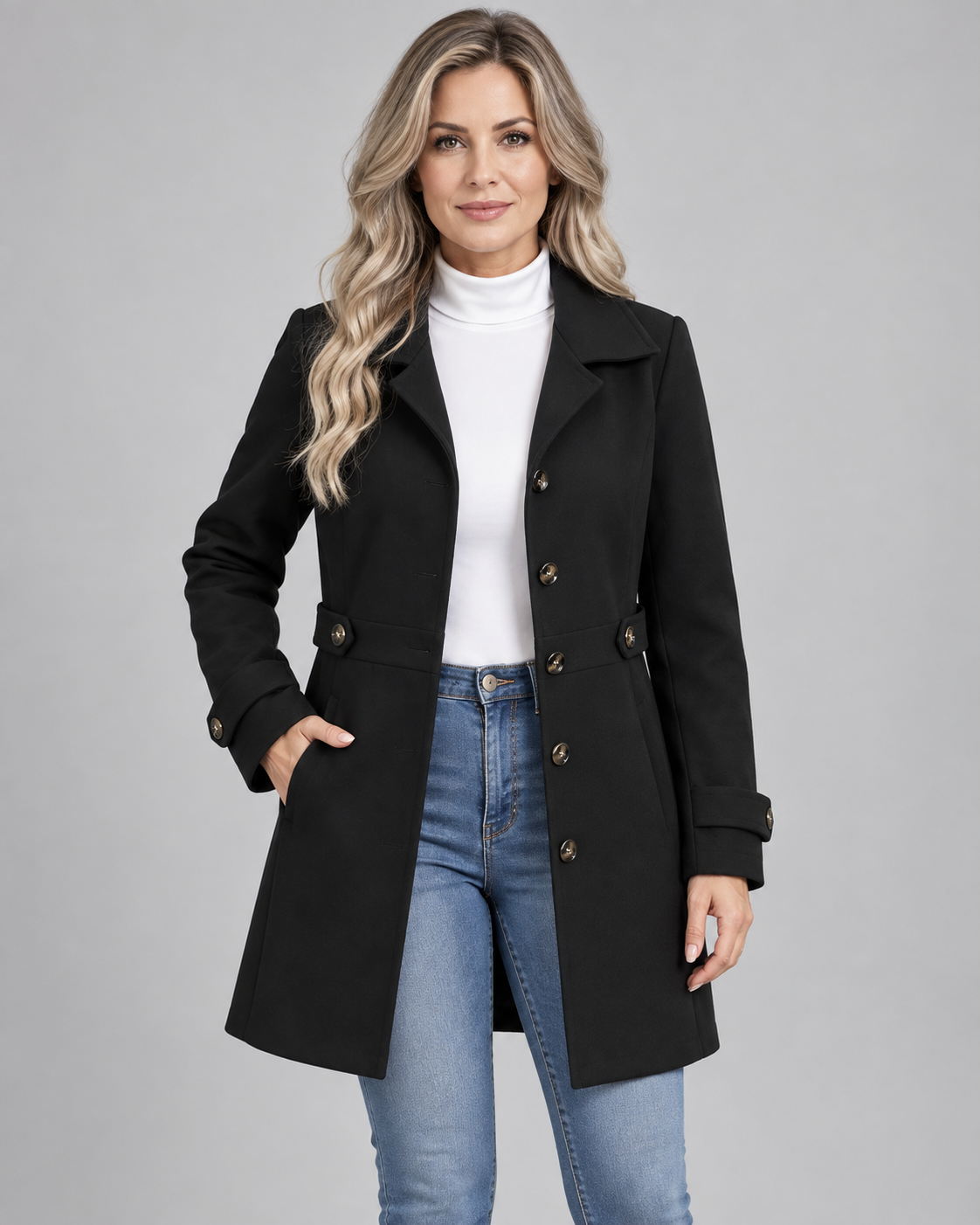 Women's Fitted Single Breasted Coat with Lapel Collar and Button Front