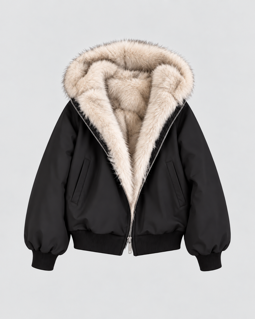 Women's Bomber Jacket with Faux Fur Lining and Hood
