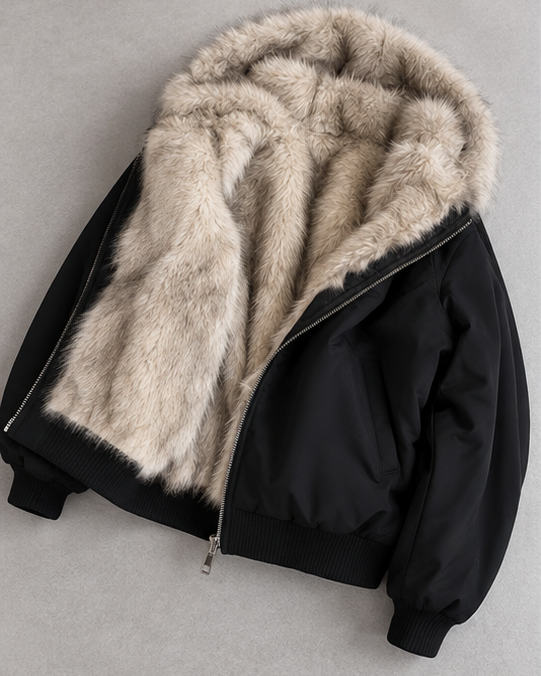 Women's Bomber Jacket with Faux Fur Lining and Hood