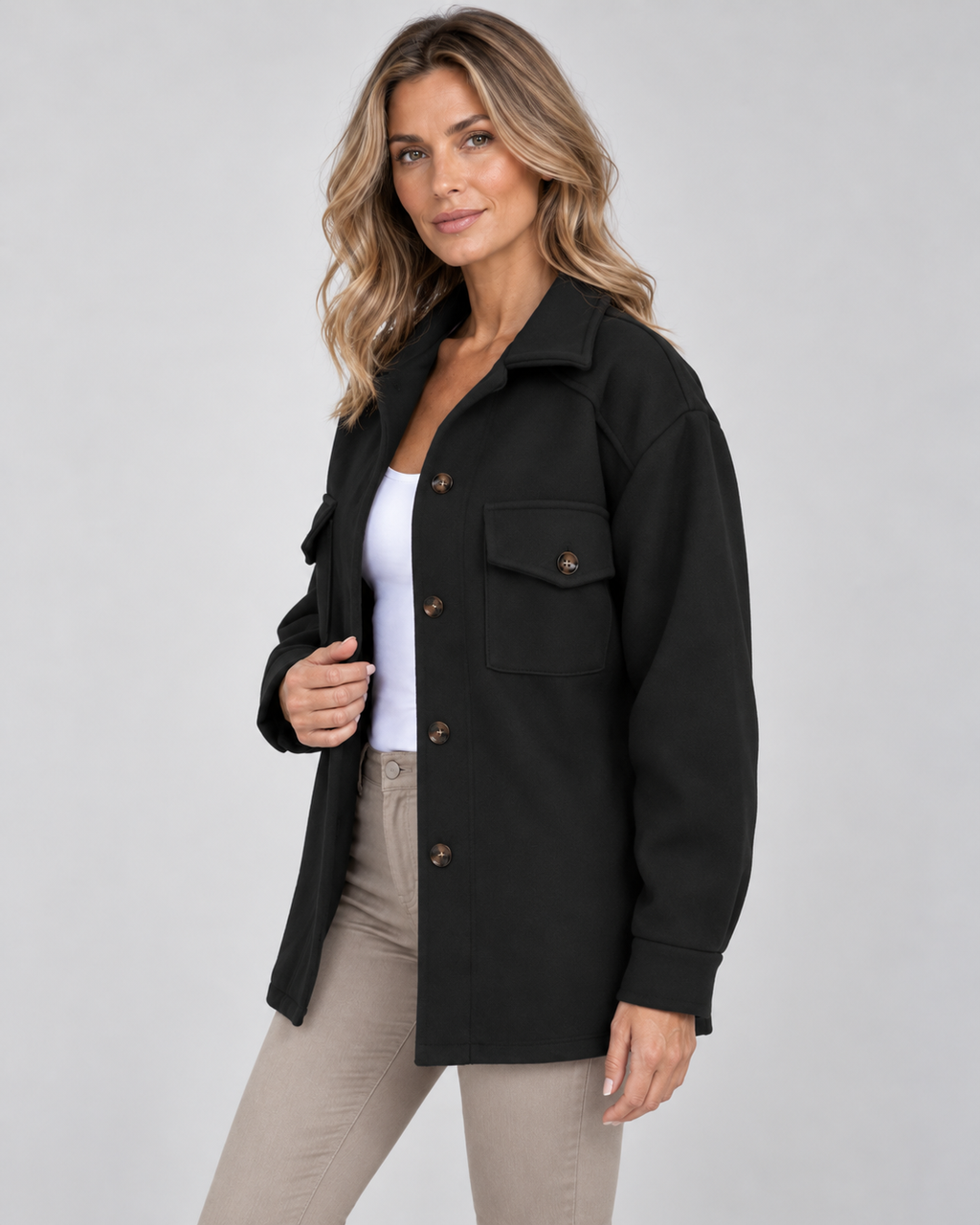 Women's Oversized Jacket with Button Front and Chest Pockets