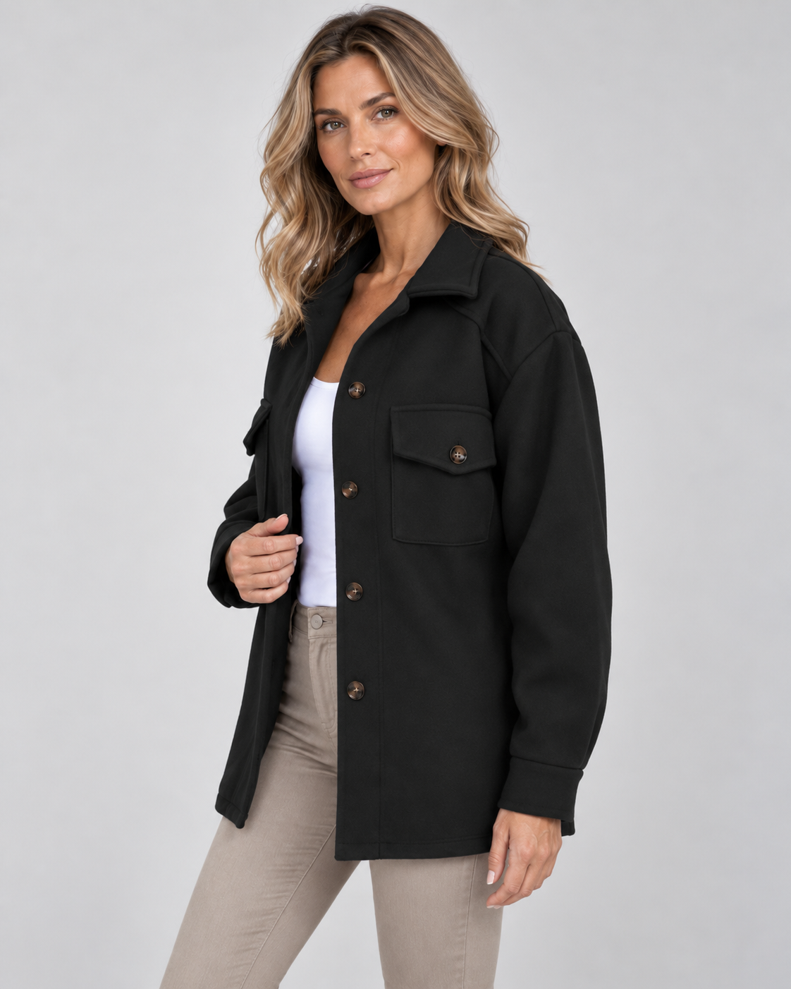 Women's Oversized Jacket with Button Front and Chest Pockets
