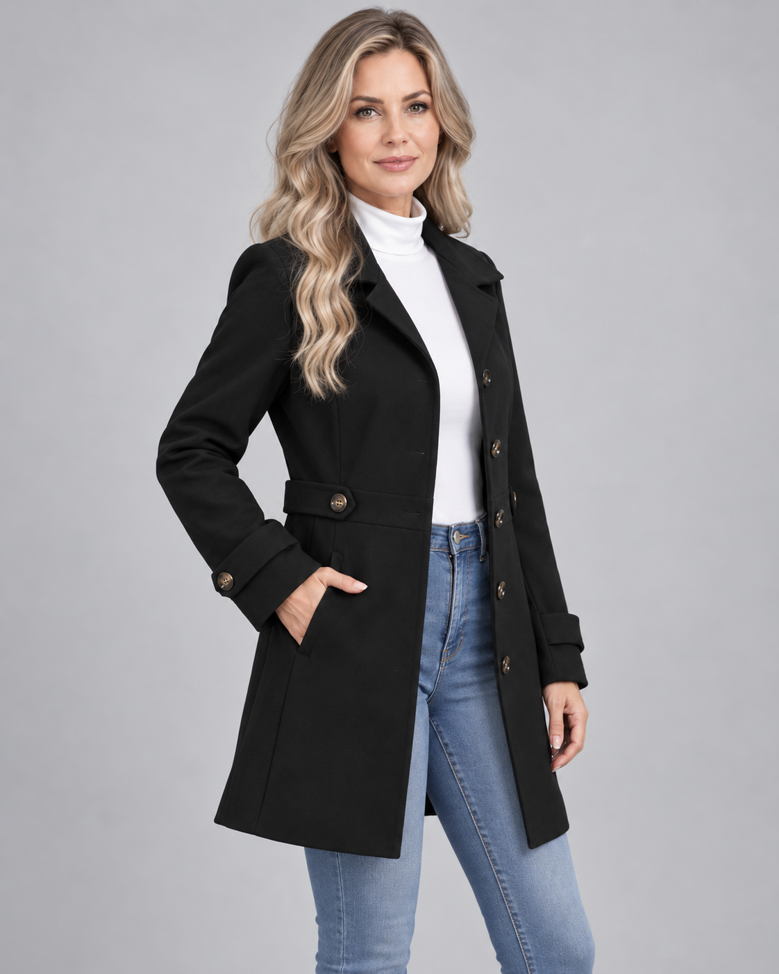 Women's Fitted Single Breasted Coat with Lapel Collar and Button Front