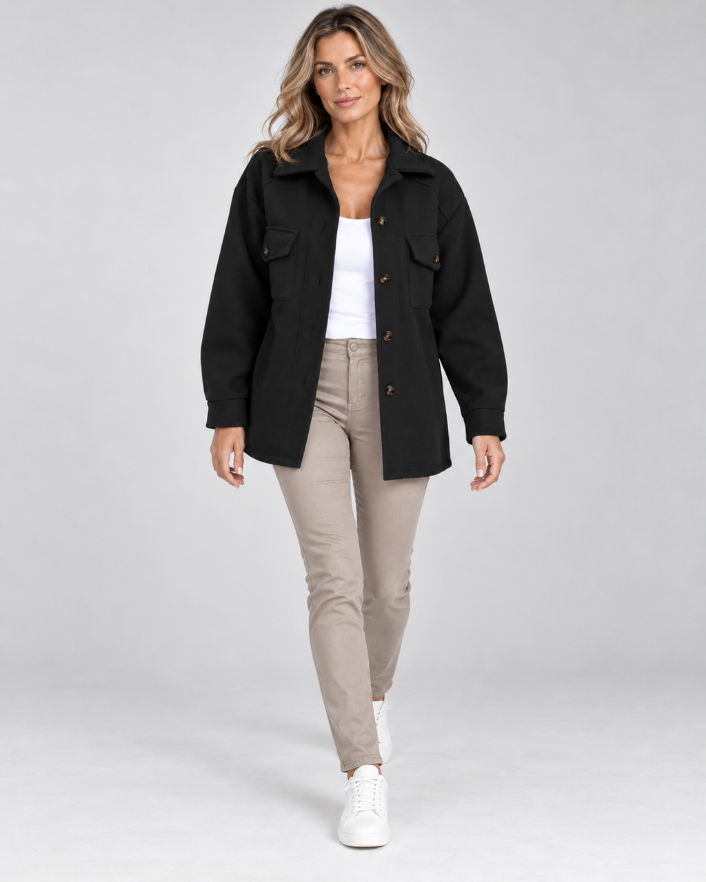 Women's Oversized Jacket with Button Front and Chest Pockets