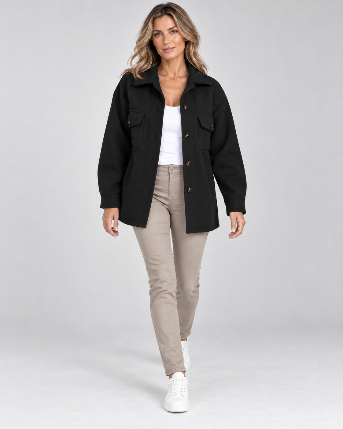 Women's Oversized Jacket with Button Front and Chest Pockets